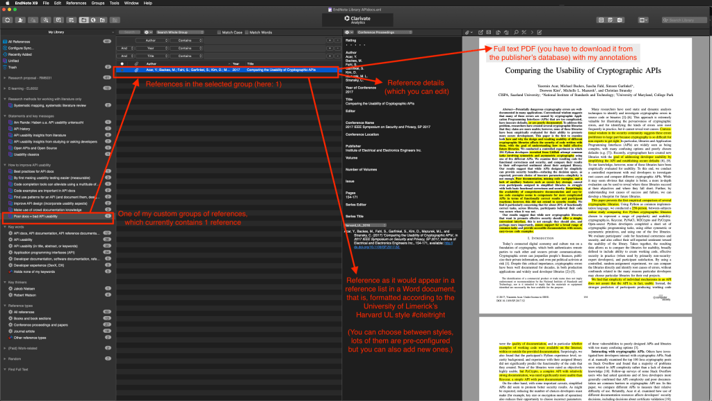 Screenshot of EndNote's user interface: shows where to find the things related to a reference entry
